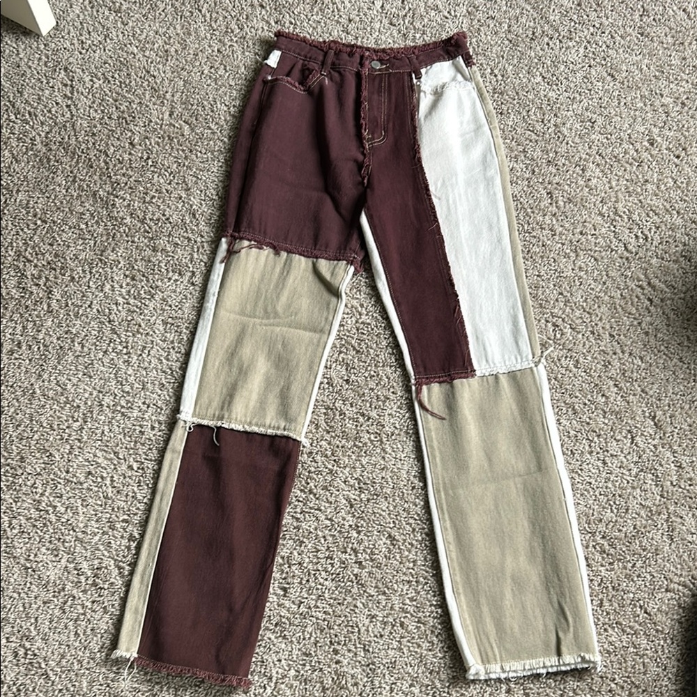 SHEIN Brown Tan Straight Leg Jeans with Unique Color-Block Design